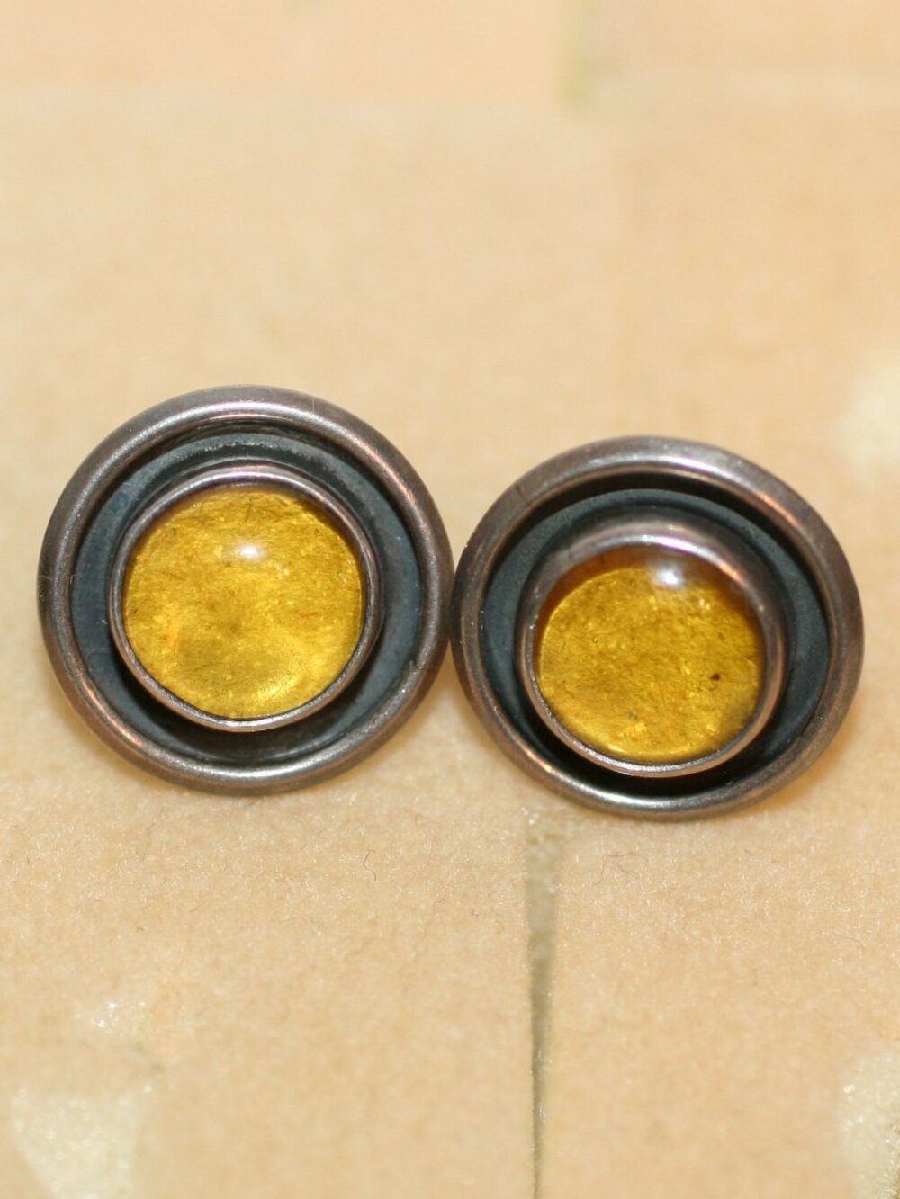 Vtg Mexico Taxco Yellow Amber Stones Button Stud Sterling 925 Earrings